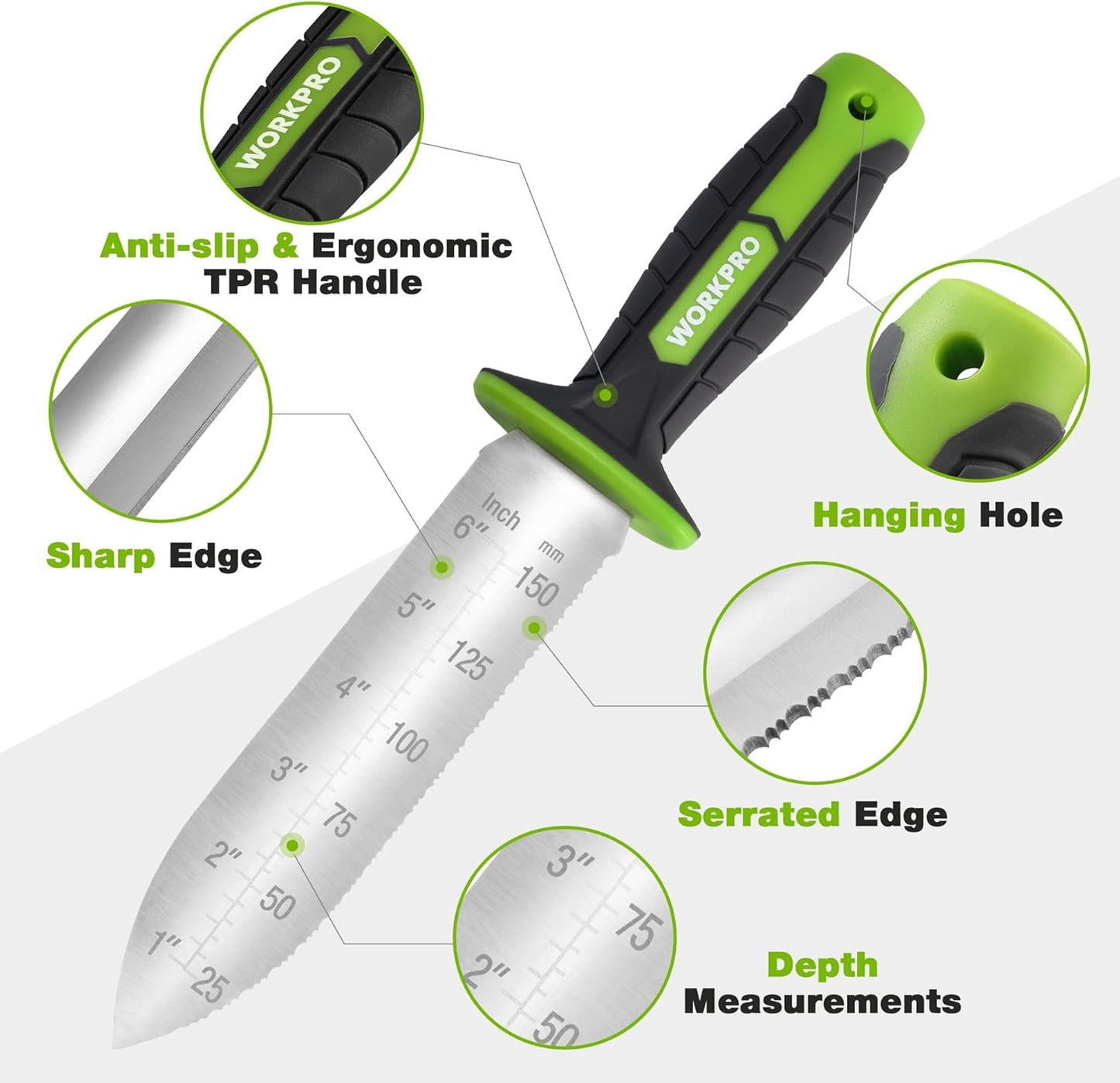 Hori Hori Garden Knife, 7" Stainless Steel Blade with Cutting Edge, Garden Tools with Oxford Sheath, Ergonomic TRP Handle with Hanging Hole for Weeding, Planting, Digging, Green