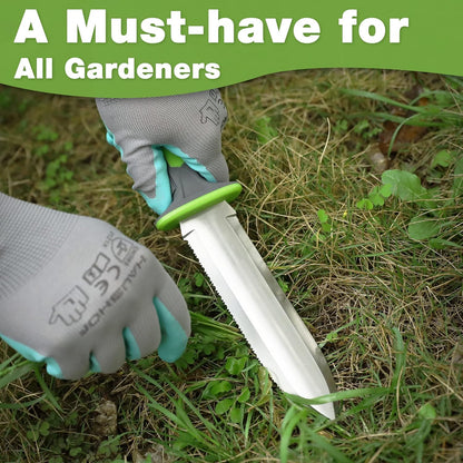Hori Hori Garden Knife, 7" Stainless Steel Blade with Cutting Edge, Garden Tools with Oxford Sheath, Ergonomic TRP Handle with Hanging Hole for Weeding, Planting, Digging, Green