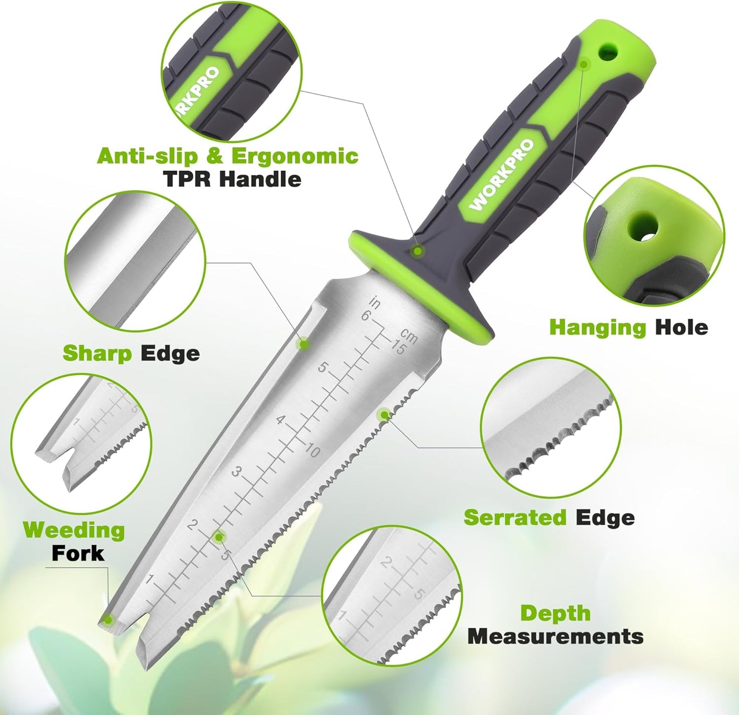 Hori Hori Garden Knife, 7" Stainless Steel Blade with Cutting Edge, Garden Tools with Oxford Sheath, Ergonomic TRP Handle with Hanging Hole for Weeding, Planting, Digging, Green