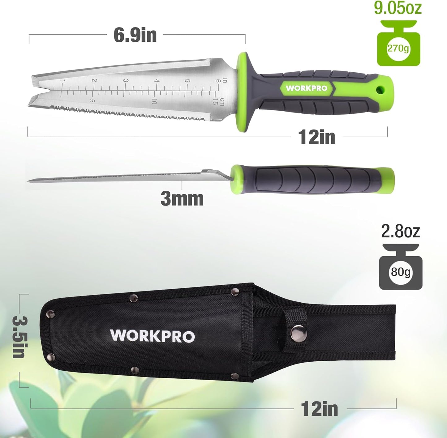 Hori Hori Garden Knife, 7" Stainless Steel Blade with Cutting Edge, Garden Tools with Oxford Sheath, Ergonomic TRP Handle with Hanging Hole for Weeding, Planting, Digging, Green