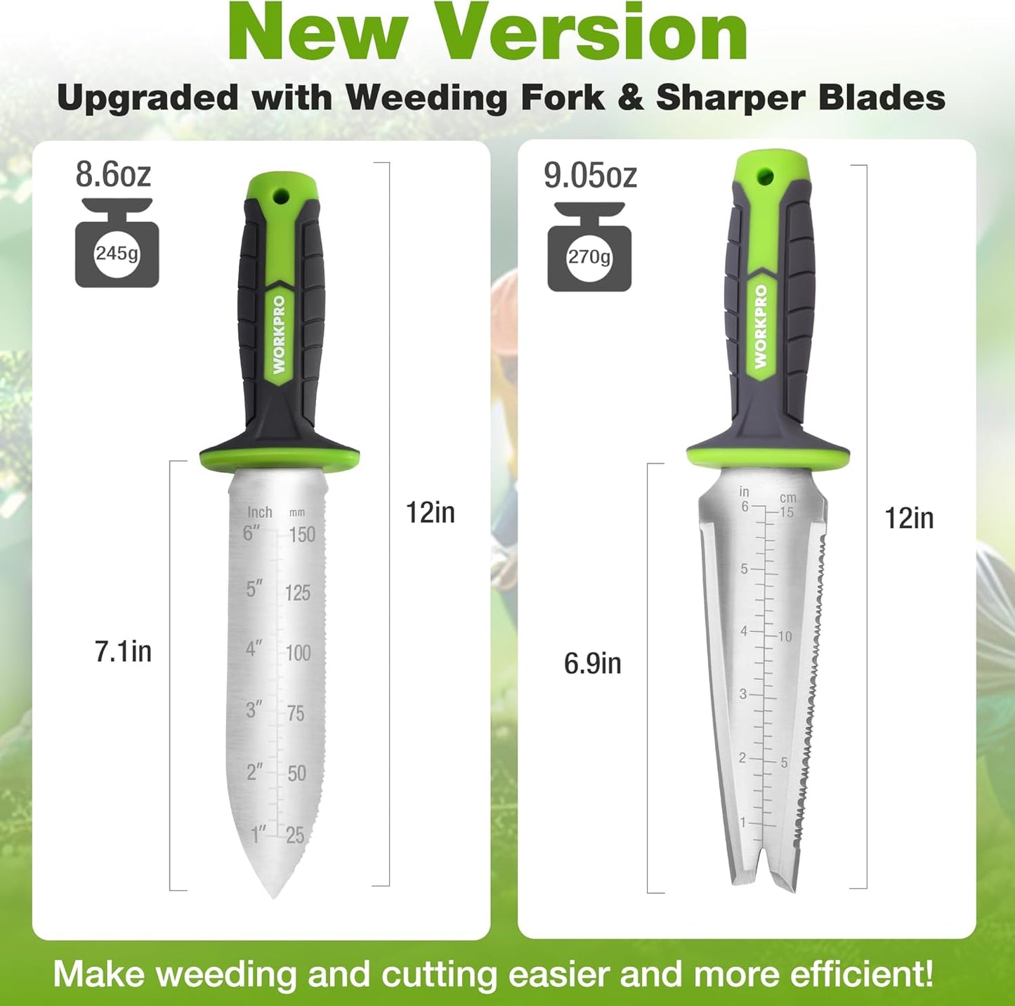 Hori Hori Garden Knife, 7" Stainless Steel Blade with Cutting Edge, Garden Tools with Oxford Sheath, Ergonomic TRP Handle with Hanging Hole for Weeding, Planting, Digging, Green