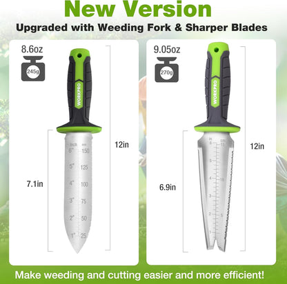 Hori Hori Garden Knife, 7" Stainless Steel Blade with Cutting Edge, Garden Tools with Oxford Sheath, Ergonomic TRP Handle with Hanging Hole for Weeding, Planting, Digging, Green