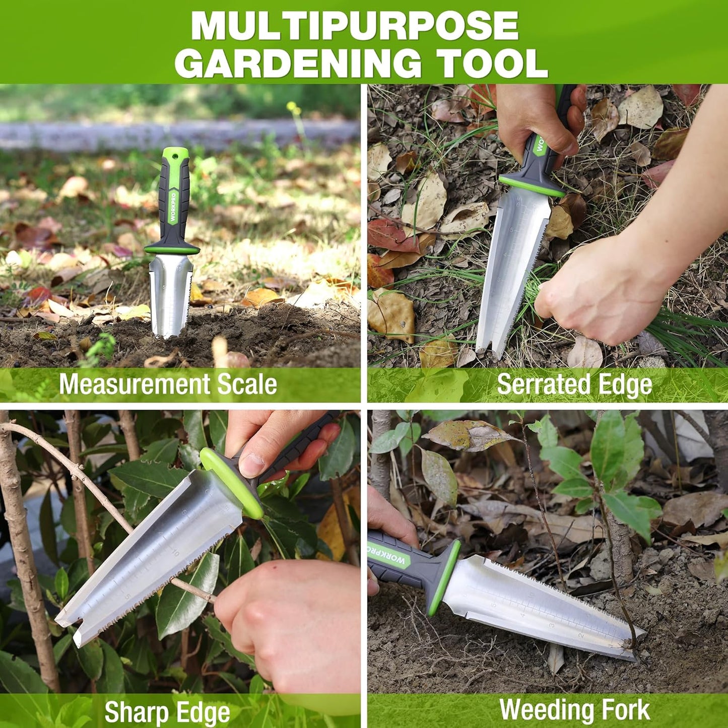 Hori Hori Garden Knife, 7" Stainless Steel Blade with Cutting Edge, Garden Tools with Oxford Sheath, Ergonomic TRP Handle with Hanging Hole for Weeding, Planting, Digging, Green