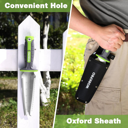 Hori Hori Garden Knife, 7" Stainless Steel Blade with Cutting Edge, Garden Tools with Oxford Sheath, Ergonomic TRP Handle with Hanging Hole for Weeding, Planting, Digging, Green