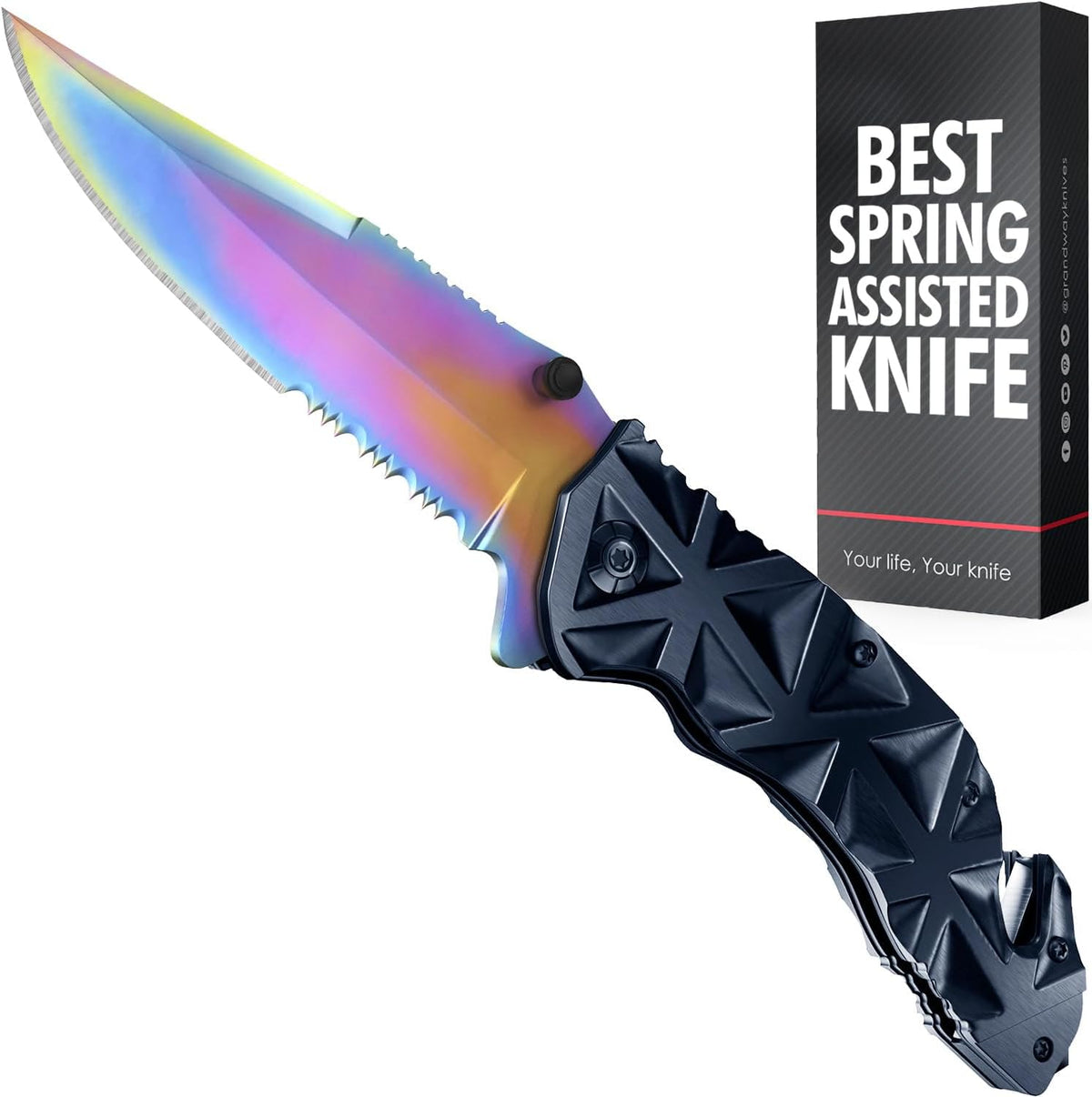 Rainbow Pocket Knife - Cute Knives with Glass Breaker, Seatbelt Cutter, Sharp Serrated Blade - Colorful Womens Tool - Sharp Folding Balde for Camping - Airsoft Tool HB 207 BR