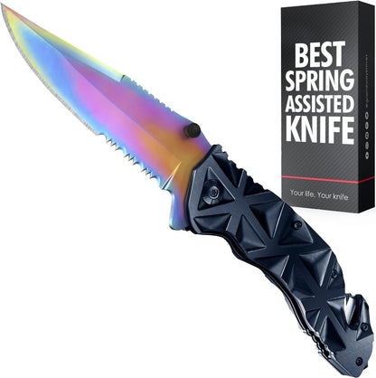 Rainbow Pocket Knife - Cute Knives with Glass Breaker, Seatbelt Cutter, Sharp Serrated Blade - Colorful Womens Tool - Sharp Folding Balde for Camping - Airsoft Tool HB 207 BR