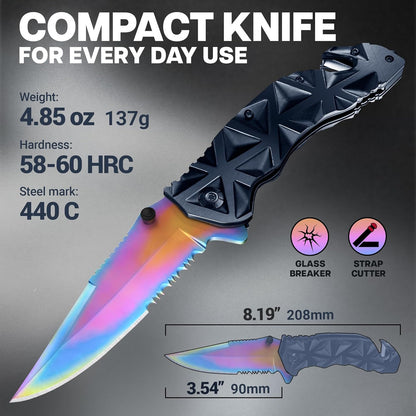 Rainbow Pocket Knife - Cute Knives with Glass Breaker, Seatbelt Cutter, Sharp Serrated Blade - Colorful Womens Tool - Sharp Folding Balde for Camping - Airsoft Tool HB 207 BR