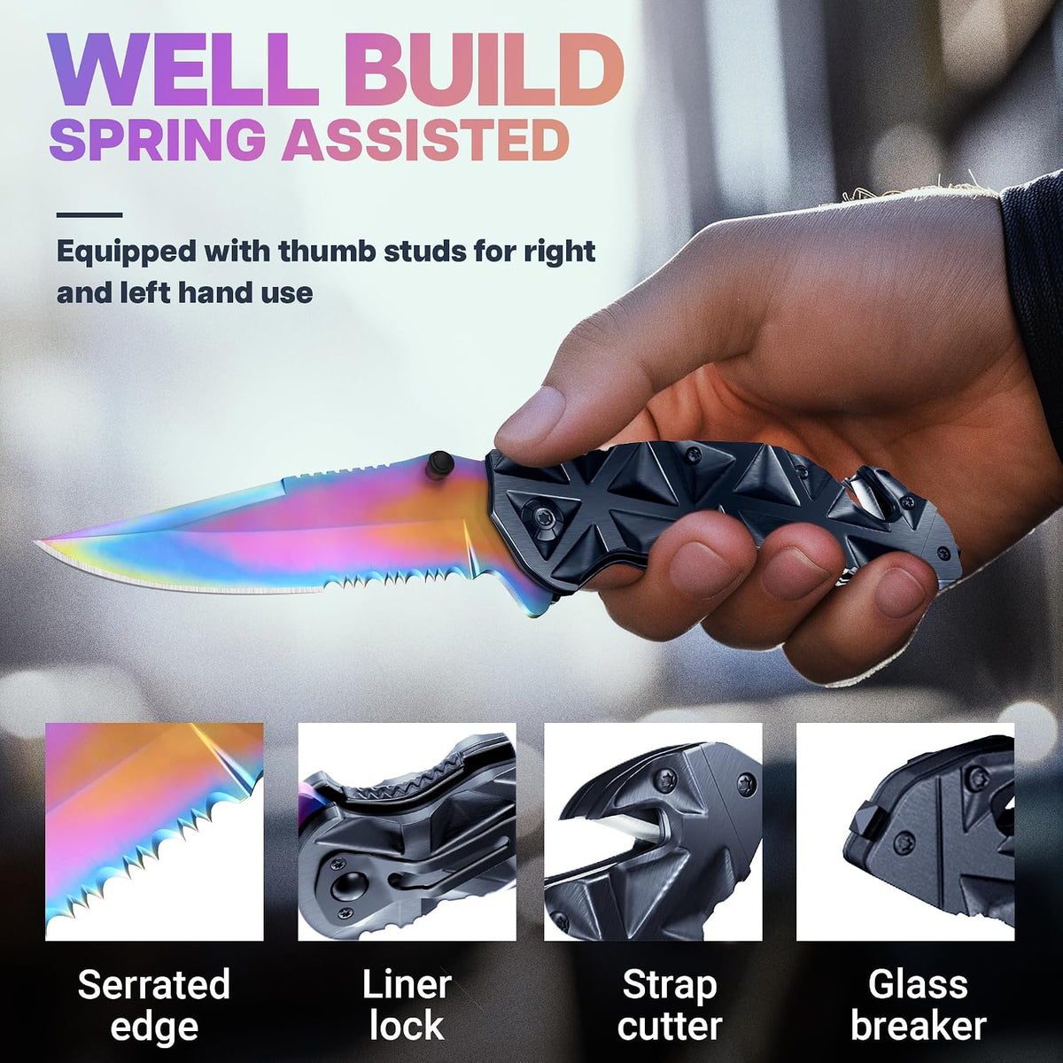 Rainbow Pocket Knife - Cute Knives with Glass Breaker, Seatbelt Cutter, Sharp Serrated Blade - Colorful Womens Tool - Sharp Folding Balde for Camping - Airsoft Tool HB 207 BR