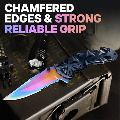 Rainbow Pocket Knife - Cute Knives with Glass Breaker, Seatbelt Cutter, Sharp Serrated Blade - Colorful Womens Tool - Sharp Folding Balde for Camping - Airsoft Tool HB 207 BR