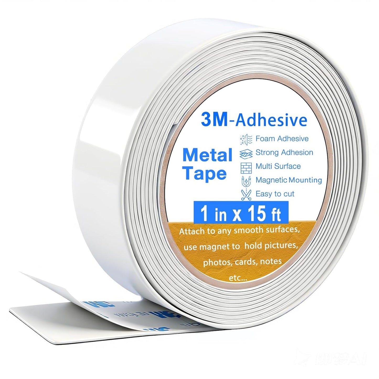 Bendable Adhesive Metal Strip for Magnets, (1 inch Wide X 15 ft Long) Flexible White Metal Tape Roll, White Ferrous Tape Stick on Wall to Hold Magnetic Products