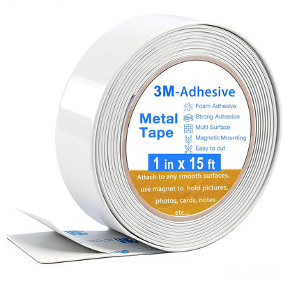 Bendable Adhesive Metal Strip for Magnets, (1 inch Wide X 15 ft Long) Flexible White Metal Tape Roll, White Ferrous Tape Stick on Wall to Hold Magnetic Products