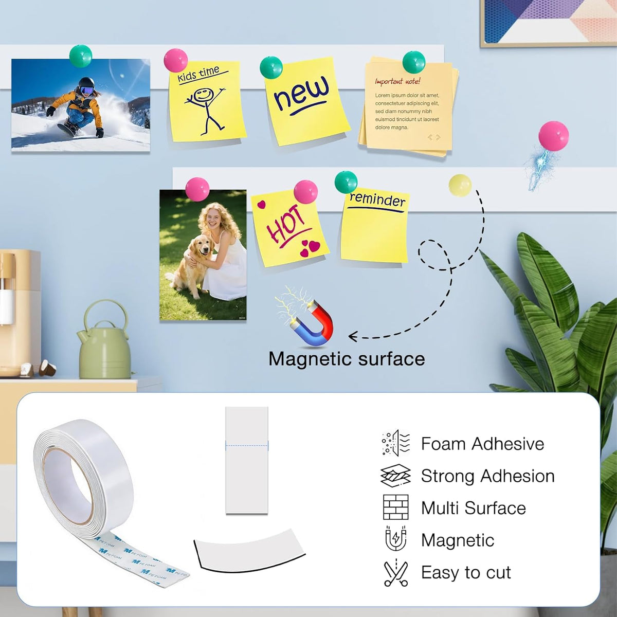 Bendable Adhesive Metal Strip for Magnets, (1 inch Wide X 15 ft Long) Flexible White Metal Tape Roll, White Ferrous Tape Stick on Wall to Hold Magnetic Products