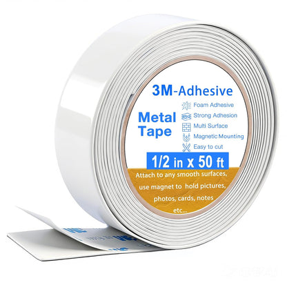 Bendable Adhesive Metal Strip for Magnets, (1 inch Wide X 15 ft Long) Flexible White Metal Tape Roll, White Ferrous Tape Stick on Wall to Hold Magnetic Products