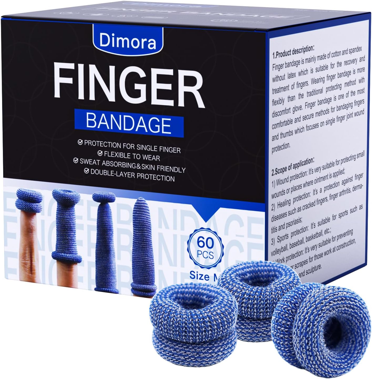 Finger Cots, Pack of 60 (Medium Size) Finger Protectors, Breathable Bandages for Wound Care, Stretchy Sleeves for Gardening, Fitness and Cargo Handling, Blue