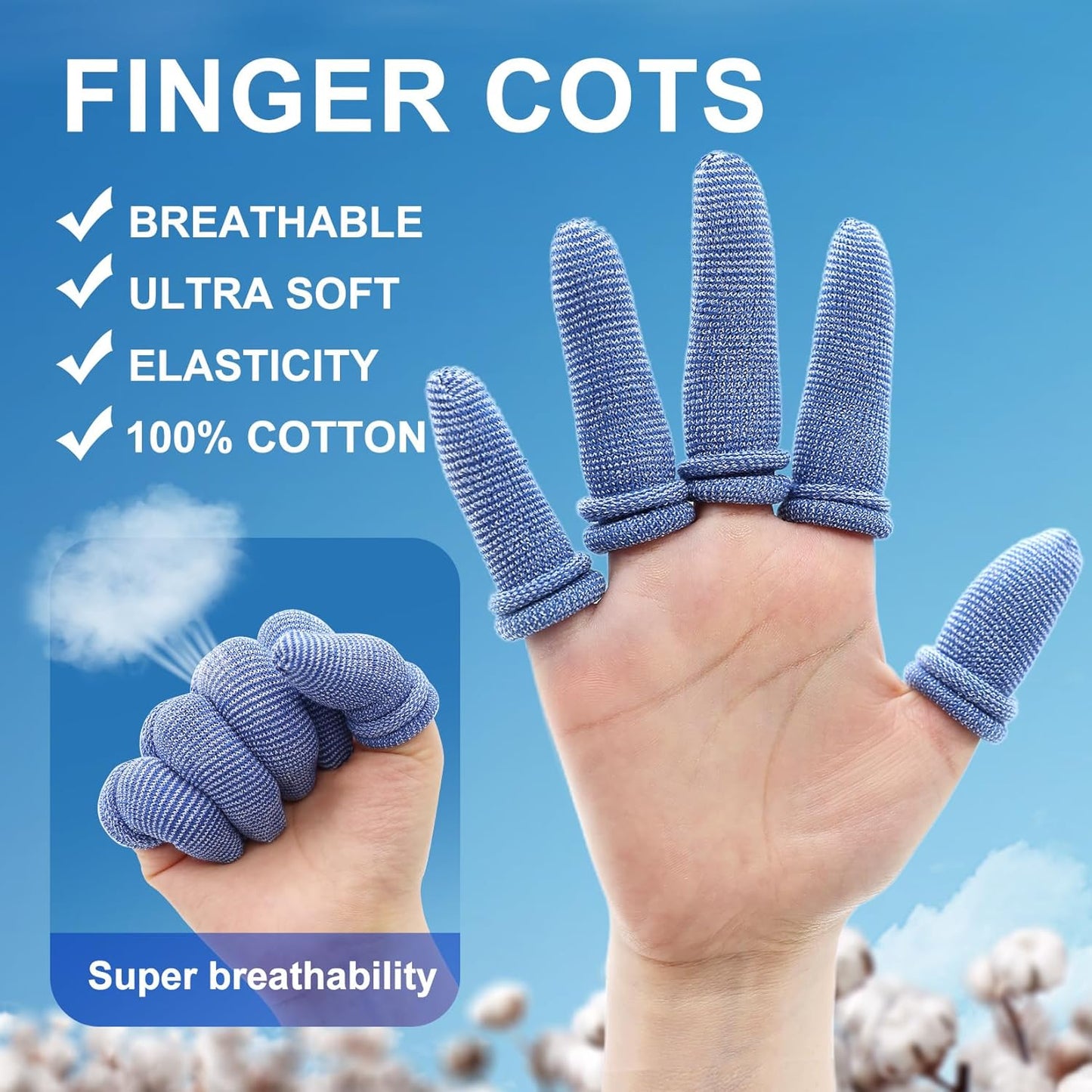Finger Cots, Pack of 60 (Medium Size) Finger Protectors, Breathable Bandages for Wound Care, Stretchy Sleeves for Gardening, Fitness and Cargo Handling, Blue