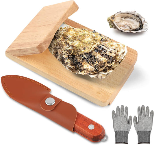 Oyster Knife Shucker Set Oyster Shucking Knife with Wooden holder Oysters Shucking Clamp & Cut Resistant Gloves Seafood Tools for Clam, Shellfish, Crab, Kitchen Knifes Tool Gift
