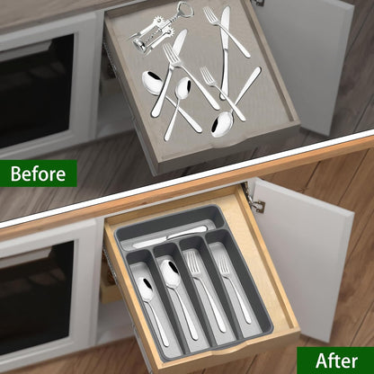 Silverware Organizer Utenisl Organizer Holder Kitchen Drawer Organizer Plastic Silverware Tray for Drawer Flatware Organizer 5 Compartment White
