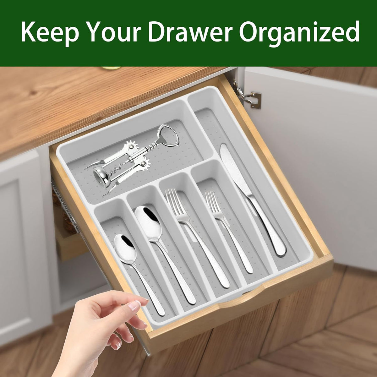 Silverware Organizer Utenisl Organizer Holder Kitchen Drawer Organizer Plastic Silverware Tray for Drawer Flatware Organizer 5 Compartment White