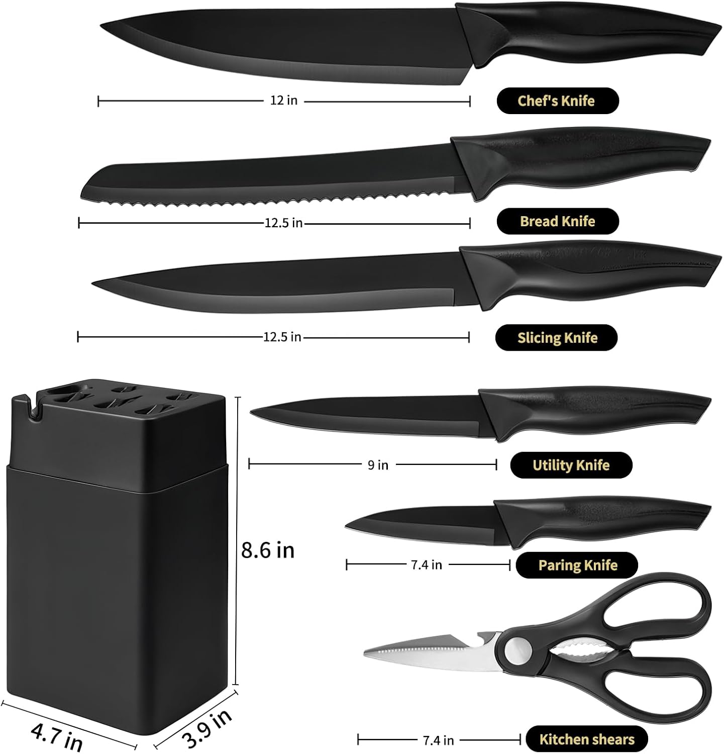Kitchen Knife Set with Knife Block,7-Piece Kitchen Knife Block Set | Knife Set with Block with Built-In Sharpening Block,Dishwasher Safe,Suitable for kitchens and dining rooms.