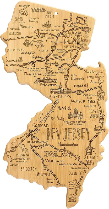 Destination New Jersey State Shaped Cutting Board | State charcuterie serving board with engraved map artwork. Smooth reverse side for food prep. Hang tie for wall display.