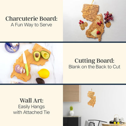 Destination New Jersey State Shaped Cutting Board | State charcuterie serving board with engraved map artwork. Smooth reverse side for food prep. Hang tie for wall display.