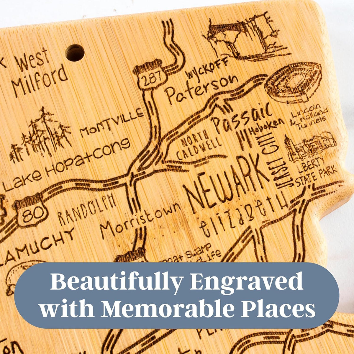Destination New Jersey State Shaped Cutting Board | State charcuterie serving board with engraved map artwork. Smooth reverse side for food prep. Hang tie for wall display.