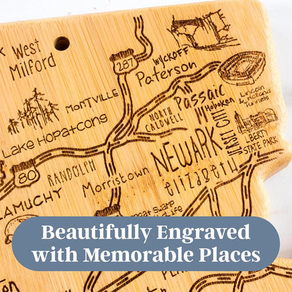 Destination New Jersey State Shaped Cutting Board | State charcuterie serving board with engraved map artwork. Smooth reverse side for food prep. Hang tie for wall display.