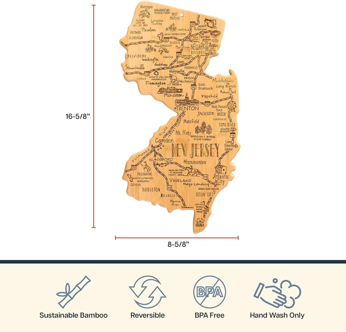 Destination New Jersey State Shaped Cutting Board | State charcuterie serving board with engraved map artwork. Smooth reverse side for food prep. Hang tie for wall display.