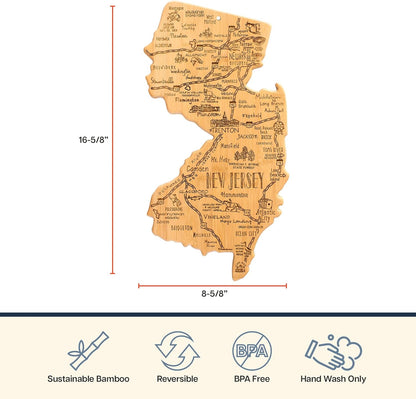 Destination New Jersey State Shaped Cutting Board | State charcuterie serving board with engraved map artwork. Smooth reverse side for food prep. Hang tie for wall display.