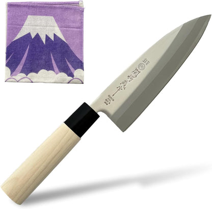 Seki Tsubazo Deba Knife 5.9-inch Blade and Japanese Painting Cloth Set, Japanese Chef Knife for Fish and Meats, Stainless Steel Blade & Genuine Wooden Handle