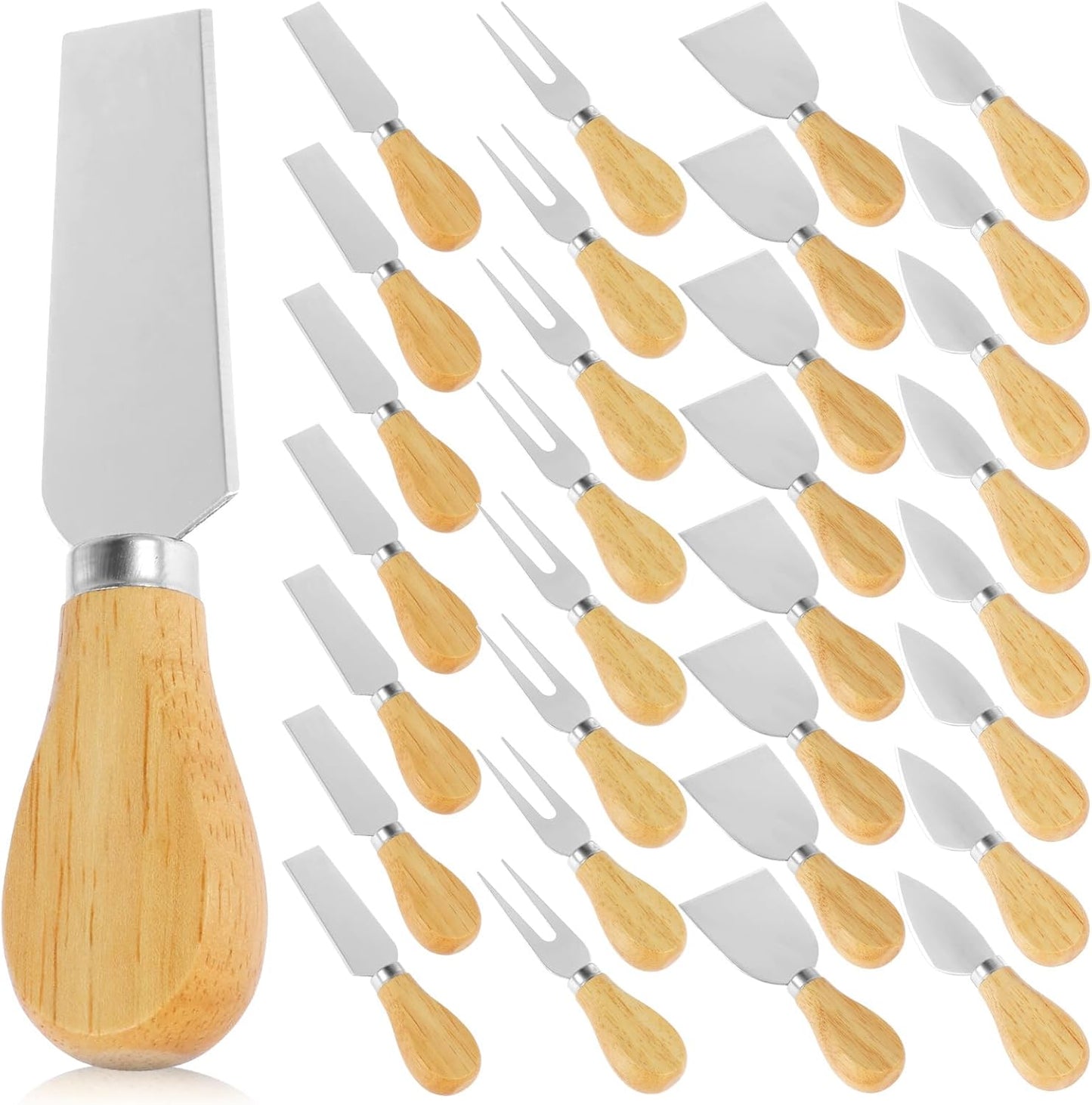 32 Pcs Cheese Knife Set Bulk, Stainless Steel Spreaders Cutters Forks Spatulas, Wood Handle Charcuterie Board Accessories for Parties, 8-Guest Serving Set, Hostess Housewarming Gift