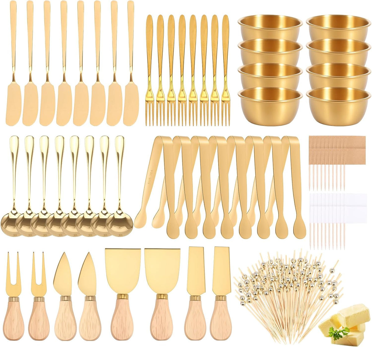 32 Pcs Cheese Knife Set Bulk, Stainless Steel Spreaders Cutters Forks Spatulas, Wood Handle Charcuterie Board Accessories for Parties, 8-Guest Serving Set, Hostess Housewarming Gift