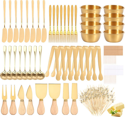 32 Pcs Cheese Knife Set Bulk, Stainless Steel Spreaders Cutters Forks Spatulas, Wood Handle Charcuterie Board Accessories for Parties, 8-Guest Serving Set, Hostess Housewarming Gift