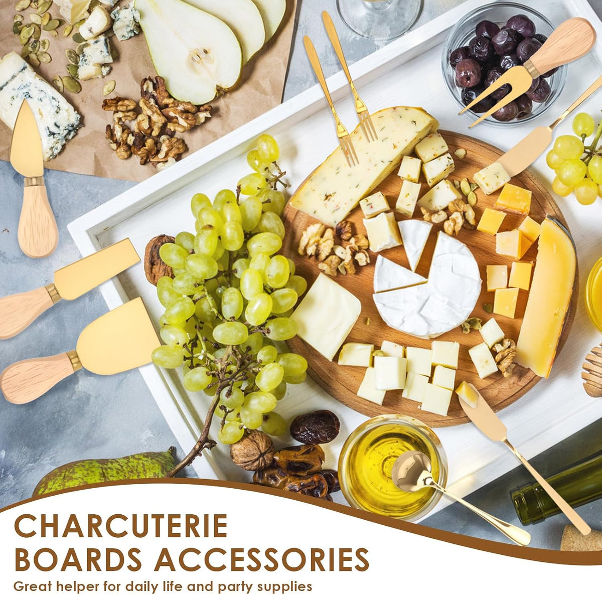 32 Pcs Cheese Knife Set Bulk, Stainless Steel Spreaders Cutters Forks Spatulas, Wood Handle Charcuterie Board Accessories for Parties, 8-Guest Serving Set, Hostess Housewarming Gift