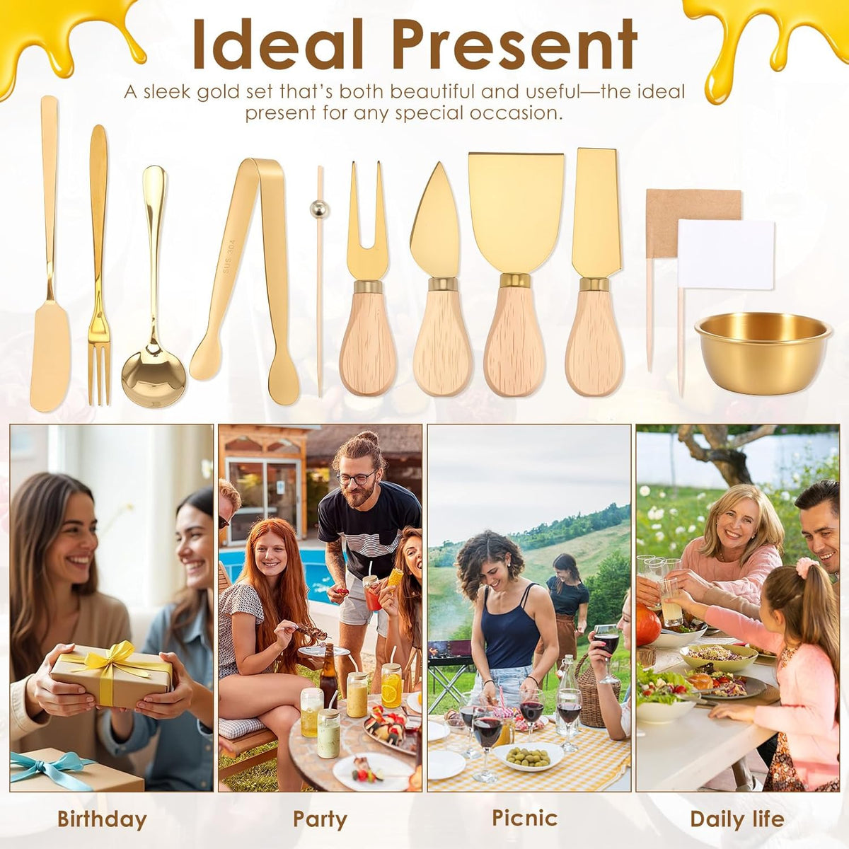 32 Pcs Cheese Knife Set Bulk, Stainless Steel Spreaders Cutters Forks Spatulas, Wood Handle Charcuterie Board Accessories for Parties, 8-Guest Serving Set, Hostess Housewarming Gift