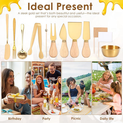 32 Pcs Cheese Knife Set Bulk, Stainless Steel Spreaders Cutters Forks Spatulas, Wood Handle Charcuterie Board Accessories for Parties, 8-Guest Serving Set, Hostess Housewarming Gift