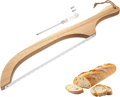 Bread Bow Knife, 16" Sourdough Knife with Cover Wooden Bread Slicer Stainless Steel Single-Sided Serrated Cutter for Homemade Bagels Baking, Deep Teak