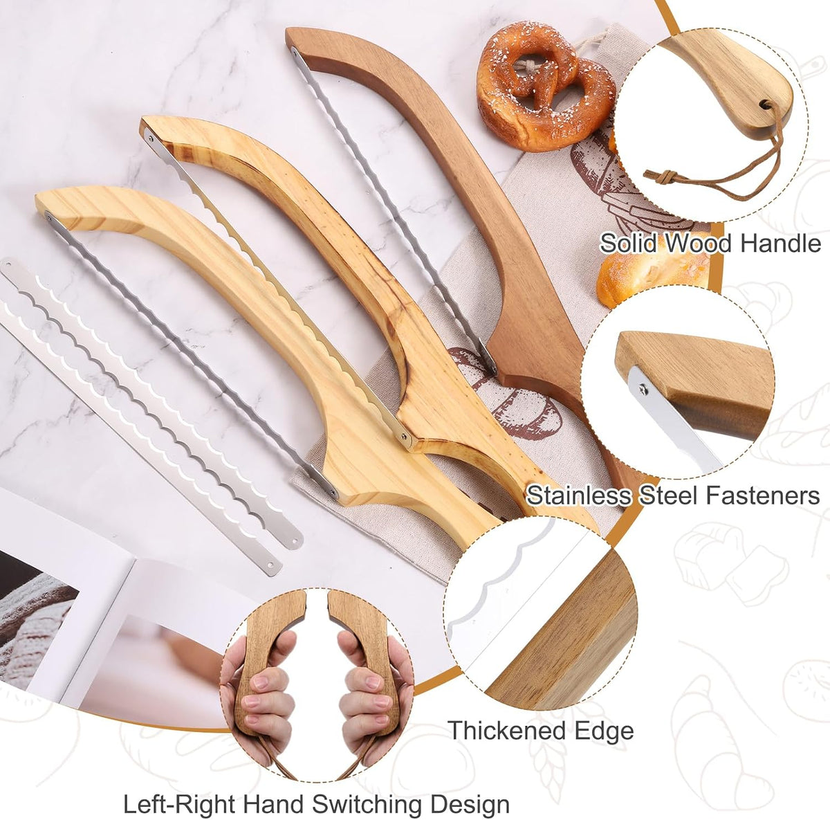 Bread Bow Knife, 16" Sourdough Knife with Cover Wooden Bread Slicer Stainless Steel Single-Sided Serrated Cutter for Homemade Bagels Baking, Deep Teak