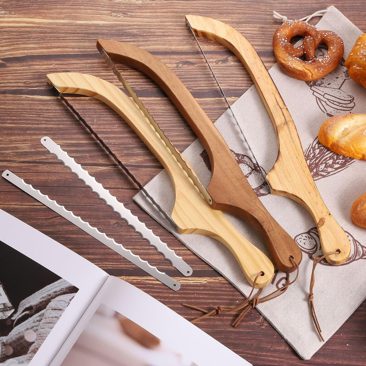 Bread Bow Knife, 16" Sourdough Knife with Cover Wooden Bread Slicer Stainless Steel Single-Sided Serrated Cutter for Homemade Bagels Baking, Deep Teak