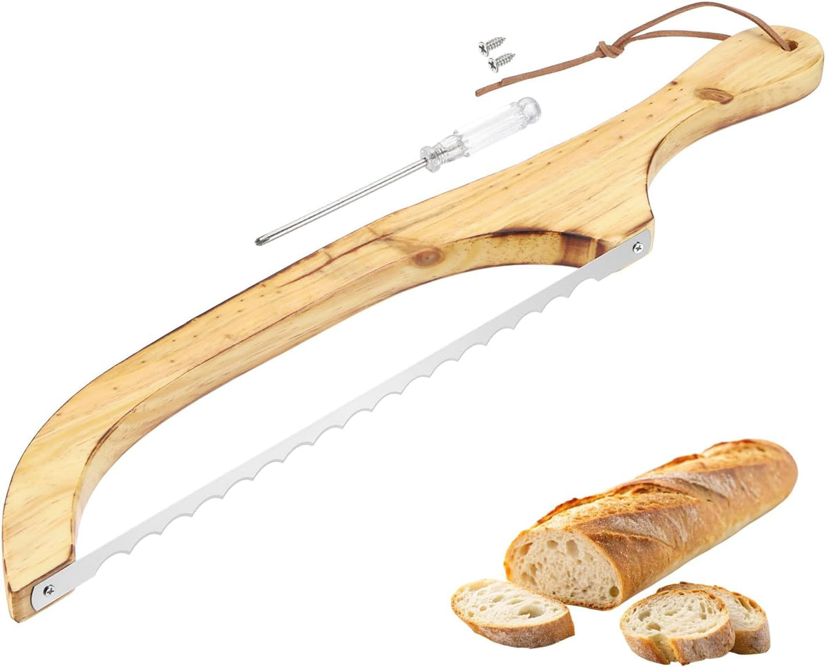 Bread Bow Knife, 16" Sourdough Knife with Cover Wooden Bread Slicer Stainless Steel Single-Sided Serrated Cutter for Homemade Bagels Baking, Deep Teak