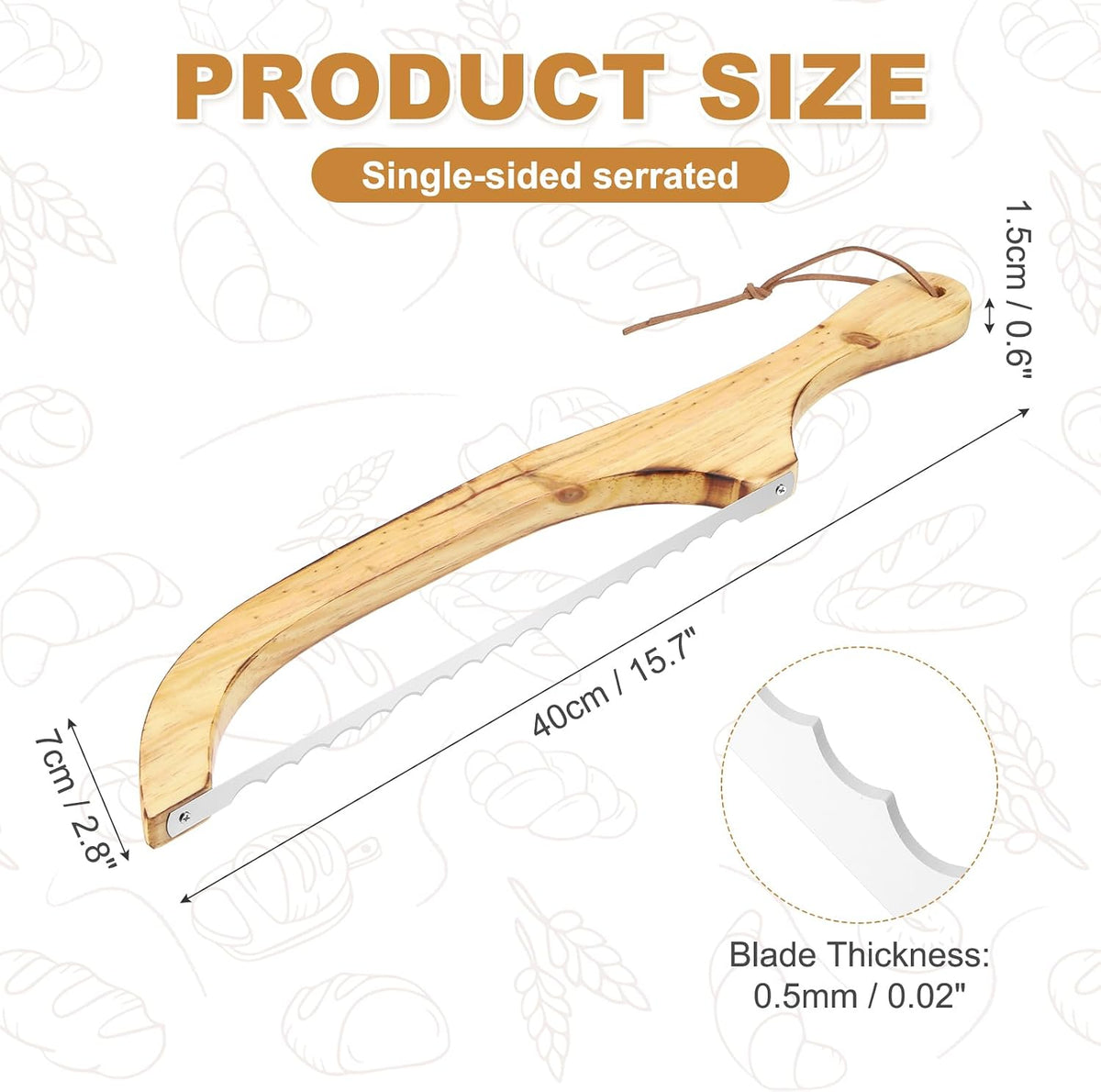 Bread Bow Knife, 16" Sourdough Knife with Cover Wooden Bread Slicer Stainless Steel Single-Sided Serrated Cutter for Homemade Bagels Baking, Deep Teak