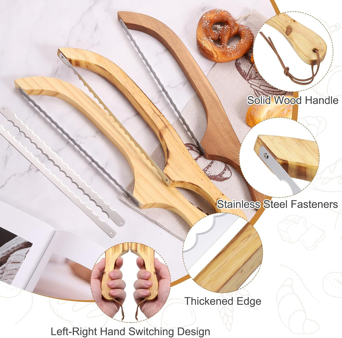Bread Bow Knife, 16" Sourdough Knife with Cover Wooden Bread Slicer Stainless Steel Single-Sided Serrated Cutter for Homemade Bagels Baking, Deep Teak