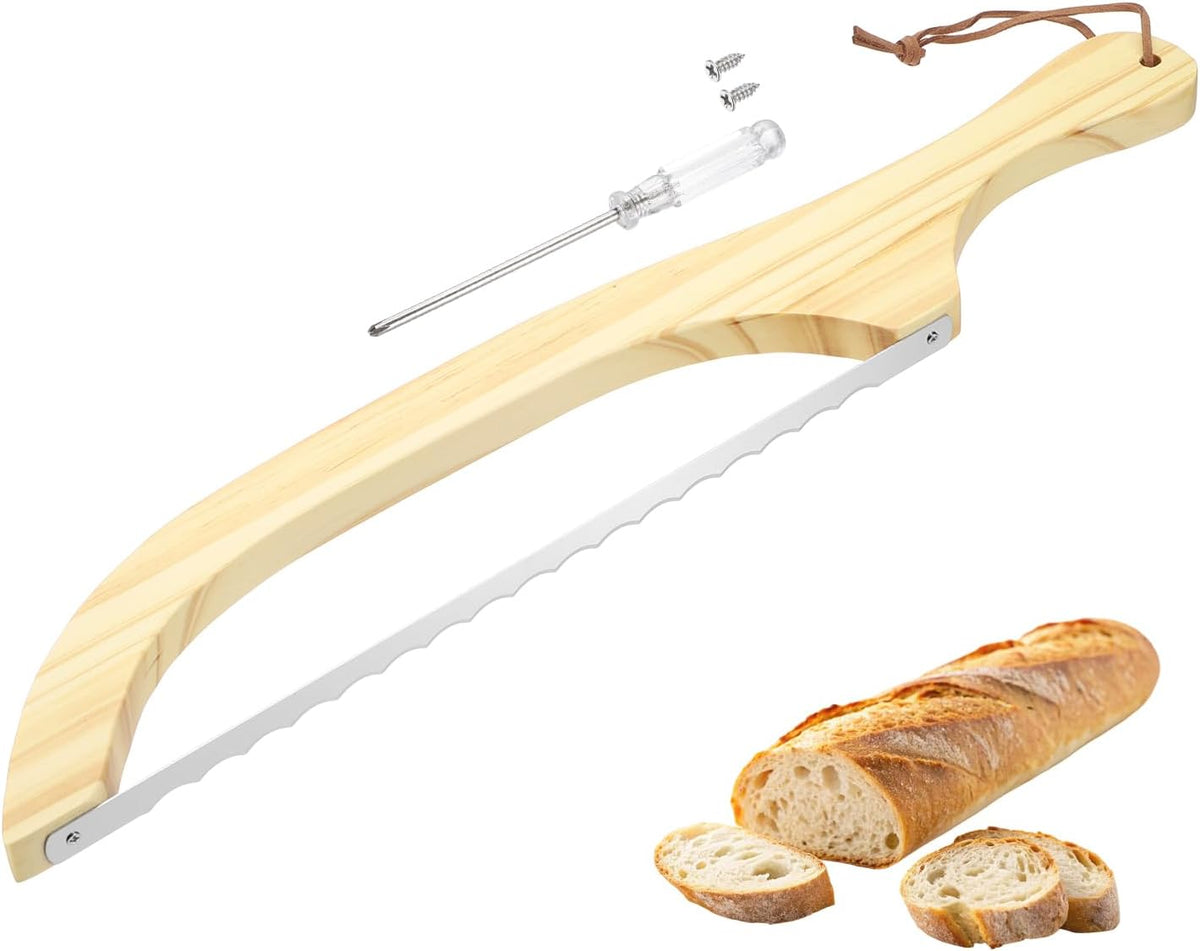 Bread Bow Knife, 16" Sourdough Knife with Cover Wooden Bread Slicer Stainless Steel Single-Sided Serrated Cutter for Homemade Bagels Baking, Deep Teak