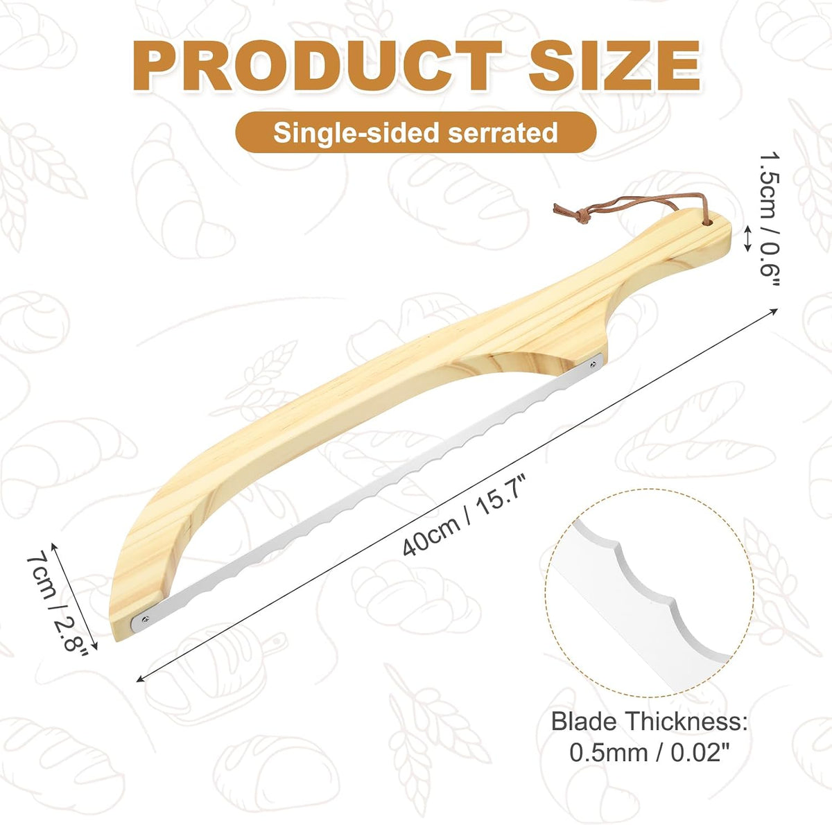 Bread Bow Knife, 16" Sourdough Knife with Cover Wooden Bread Slicer Stainless Steel Single-Sided Serrated Cutter for Homemade Bagels Baking, Deep Teak