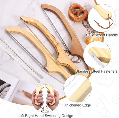 Bread Bow Knife, 16" Sourdough Knife with Cover Wooden Bread Slicer Stainless Steel Single-Sided Serrated Cutter for Homemade Bagels Baking, Deep Teak