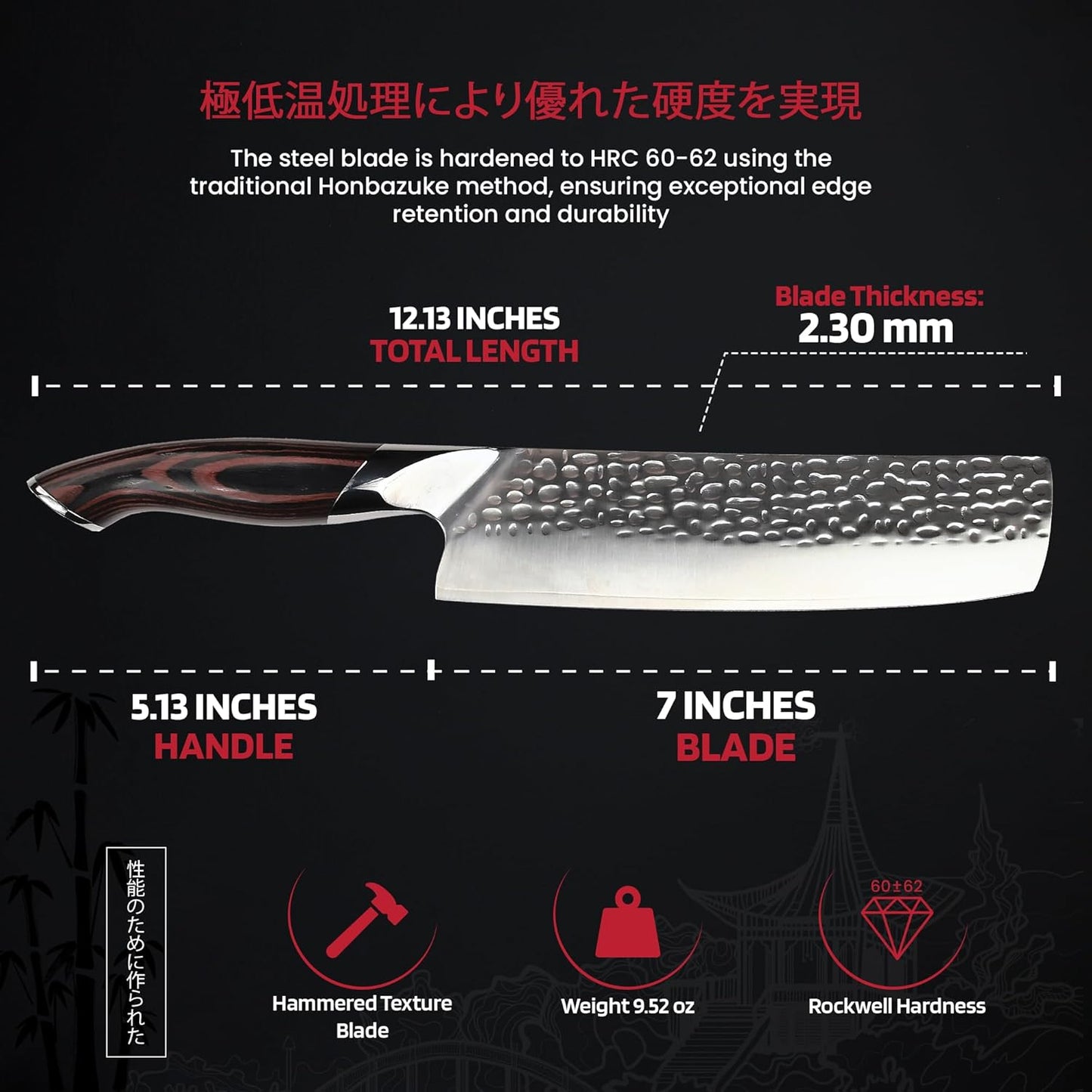 Nakiri Knife – Japanese Cleaver with 3-Layer Damascus VG10 Blade – 7 Inch Vegetable Knife Full Tang – Ergonomic Pakkawood Handle – Nakiri Knives Japanese Style