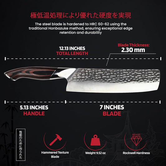 Nakiri Knife – Japanese Cleaver with 3-Layer Damascus VG10 Blade – 7 Inch Vegetable Knife Full Tang – Ergonomic Pakkawood Handle – Nakiri Knives Japanese Style