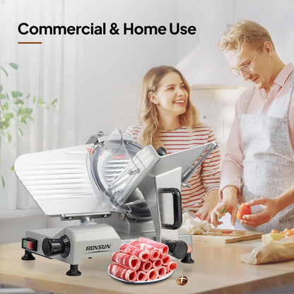 ROVUN 8.7 inch Commercial Meat Slicer, Electric Food Slicer ETL Certified, 300W Frozen Meat Deli Slicer, 0-12mm Adjustable Thickness, Chromium-Plated Steel Blade for Home and Commercial