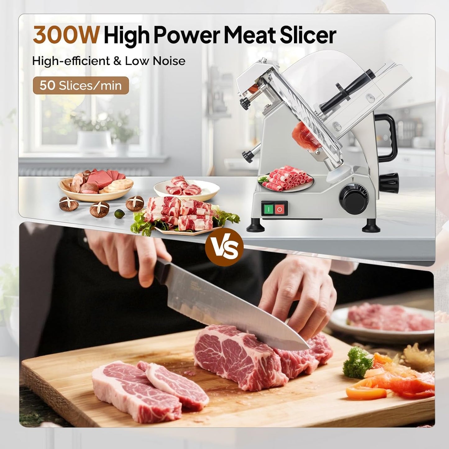 ROVUN 8.7 inch Commercial Meat Slicer, Electric Food Slicer ETL Certified, 300W Frozen Meat Deli Slicer, 0-12mm Adjustable Thickness, Chromium-Plated Steel Blade for Home and Commercial