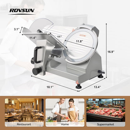 ROVUN 8.7 inch Commercial Meat Slicer, Electric Food Slicer ETL Certified, 300W Frozen Meat Deli Slicer, 0-12mm Adjustable Thickness, Chromium-Plated Steel Blade for Home and Commercial
